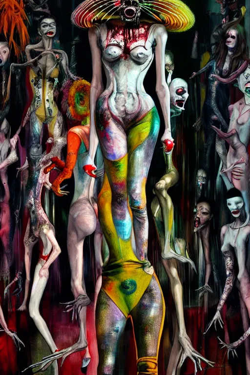 Image similar to crazy fashion catwalk, freak show, crazy clothes, biopunk style, horror, hauntingly surreal, highly detailed painting by francis bacon, edward hopper, adrian ghenie, gerhard richter, and james jean soft light 4 k,