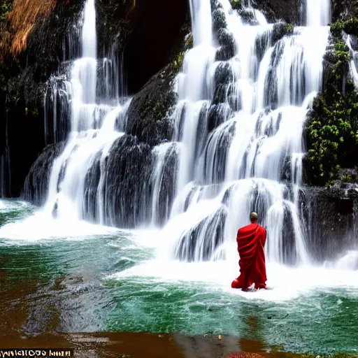 Image similar to a simply breathtaking shot of mediating monk at pongour falls in dalat, 7 layers waterfall, photographer dang ngo