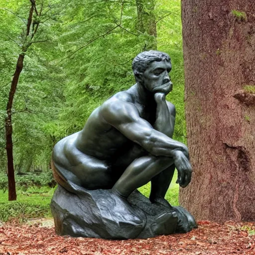 Image similar to The thinker sculpture by auguste rodin with mushrooms at the base , placed in a lush forest