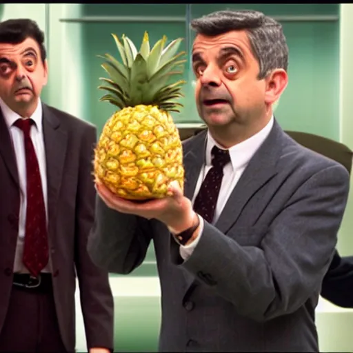 Image similar to rowan atkinson as mr. beans stealing a pineapple from target store, johnny english, focused face, realistic photo, uhd