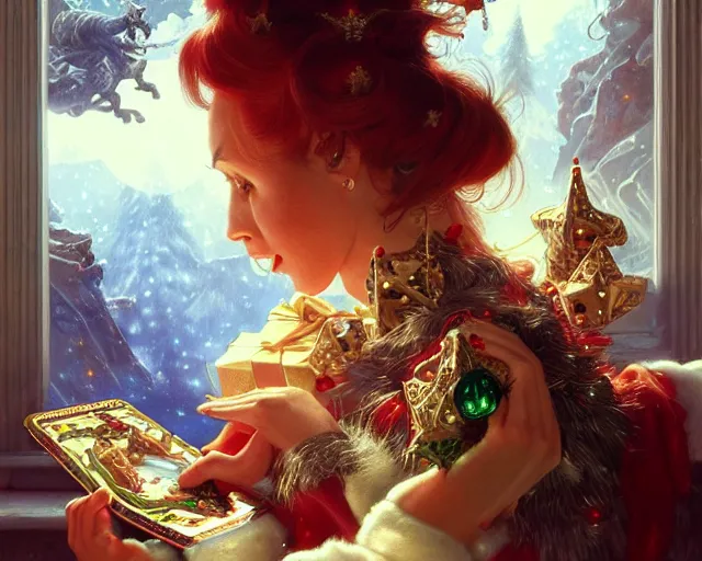 Prompt: opening presents at christmas 1 9 8 0's, deep focus, d & d, fantasy, intricate, elegant, highly detailed, digital painting, artstation, concept art, matte, sharp focus, illustration, hearthstone, art by artgerm and greg rutkowski and alphonse mucha