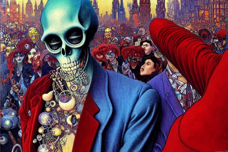 Image similar to realistic detailed closeup portrait painting of a single skeleton wearing red velvet blazer in a crowded futuristic moscow street by Jean Delville, Amano, Yves Tanguy, Alphonse Mucha, Ernst Haeckel, Edward Robert Hughes, Roger Dean, rich moody colours, blue eyes