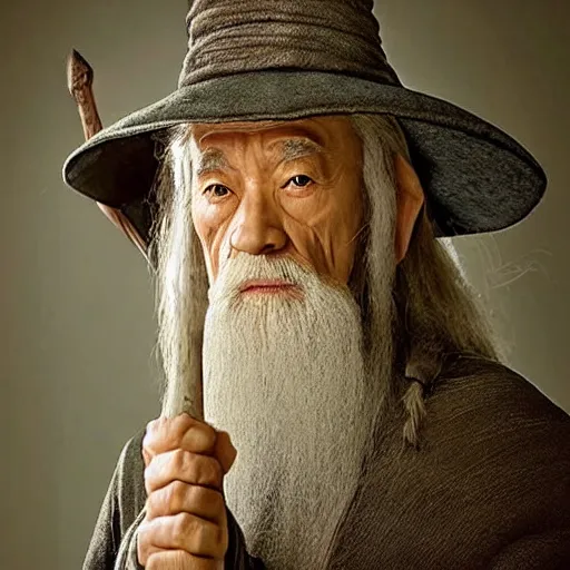 Image similar to a still from “ lord of the rings ” of a head and shoulders portrait of fei lung as a gandalf the wizard with a hat and a wooden staff, photo by phil noto