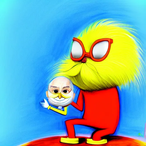 Image similar to dr. eggman standing over the lorax, the lorax is making a longing face, blushing, digital drawing, dark outlines