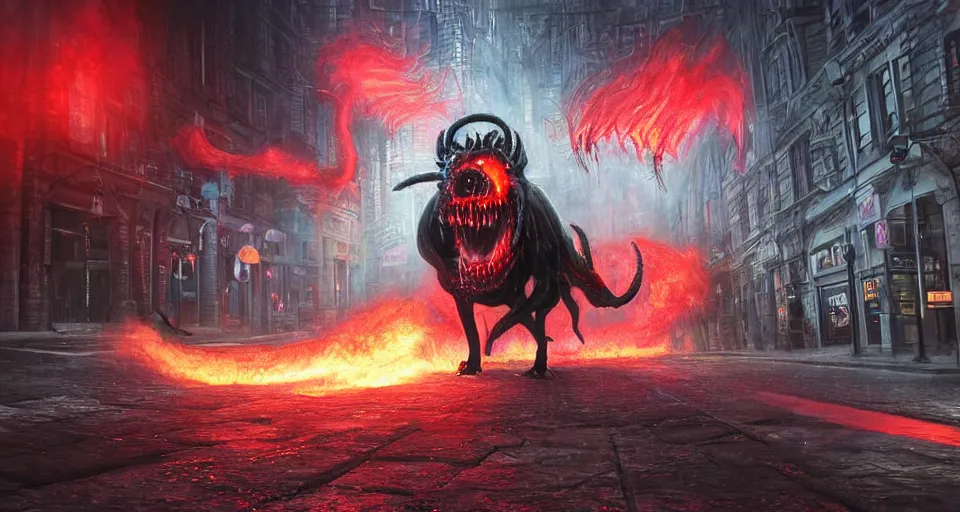 Prompt: Close-up Photograph of a lovecraftian demon hound exiting out of an interdimensional portal to hell, in the middle of a busy city street, by Andreas Rocha and John Howe, wide long view, f/11 aperture, unreal engine, deviant art, flickr, artstation, octane render, textured, colorful, hyperrealistic, physically based rendering, pbr render, very detailed, volumetric lighting, octane render, 4k, cinematic, 8k resolution,