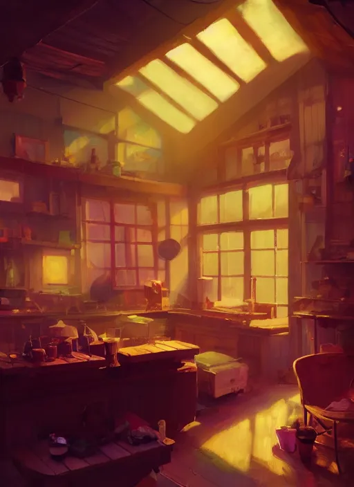 Image similar to beautiful interior of a cozy woodworker shop, james gilleard, delphin enjolras, goro fujita, makoto shinkai, paul lehr, volumetric lighting, exquisite lighting, octane render, very coherent, trending on artstation