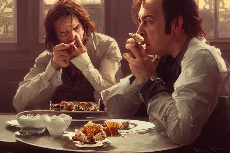 Image similar to photography of saul goodman eating, deep focus, intricate, elegant, highly detailed, digital painting, artstation, concept art, matte, sharp focus, illustration, art by artgerm and greg rutkowski and alphonse mucha