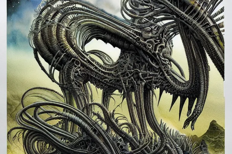 Prompt: a surreal and awe - inspiring science fiction landscape, alien plants and animals, intricate, elegant, uplifting, happy, inspirational, highly detailed watercolor painting by h. r. giger and mark brooks