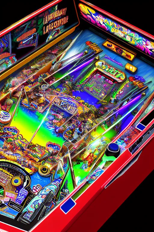 Image similar to a detailed pinball table layout overhead view, game art, realistic digital art, fluorescent colors, halluzinogenic, multicolored, exaggerated detailed, unreal engine