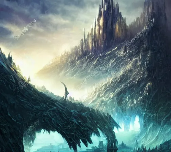 Image similar to vast beautiful epic realistic fantasy landscape with futuristic cities and iridescent crystals