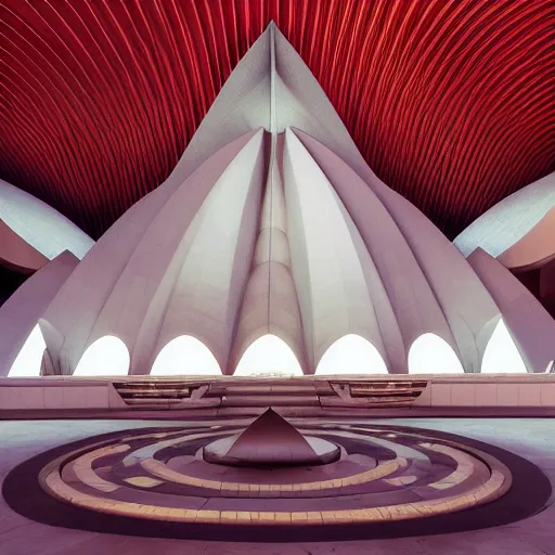 Prompt: entrance foyer of a futuristic lotus temple with gold, red and white marble panels, in the desert, by buckminster fuller and syd mead, intricate contemporary architecture, photo journalism, photography, cinematic, national geographic photoshoot