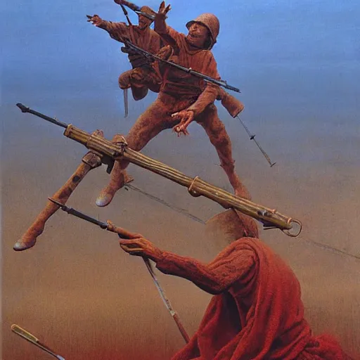 Image similar to cannon firing by Zdzisław Beksiński, oil on canvas