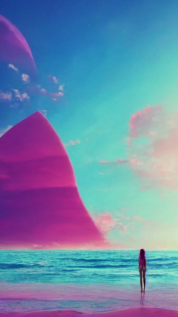 Image similar to beautiful beach horizon view of the tropical pink ocean on an alien planet, pink vaporwave ocean, clear sky, planet in space over the horizon, trending on artstation, digital art by beeple