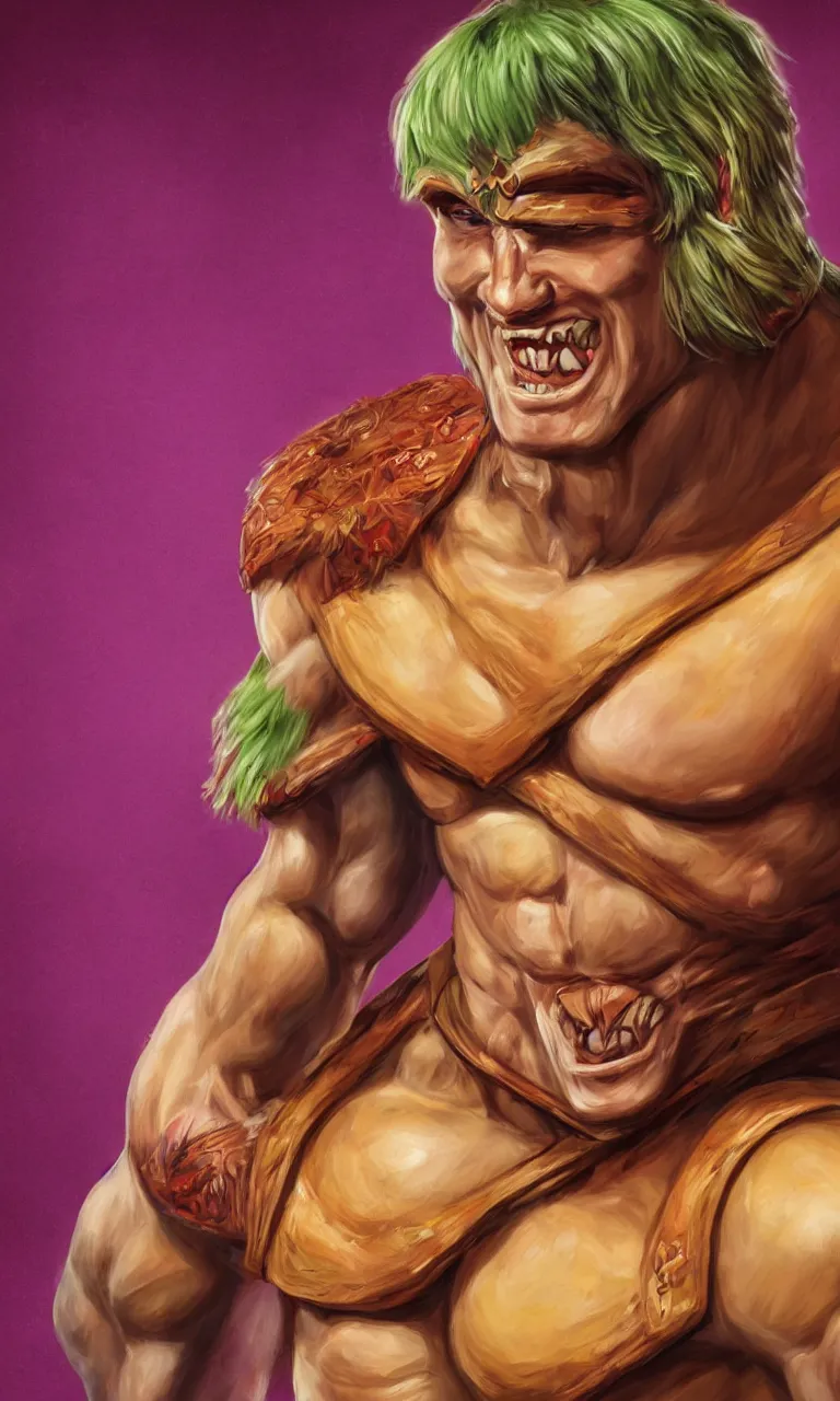 Image similar to hyper realistic half body portrait of heman, vivid color scheme