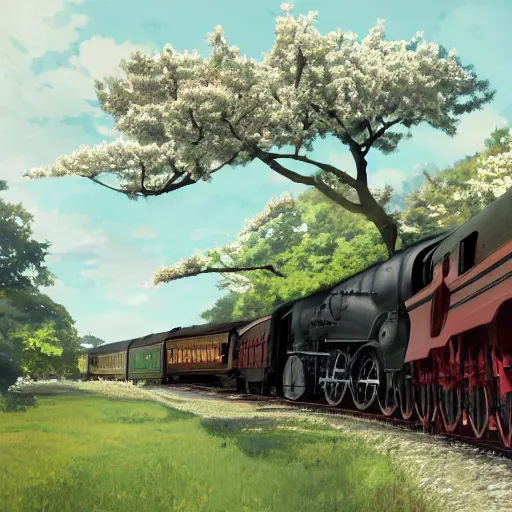 Image similar to concept art painting of a historic transverse view of a steam train, the train carries a cherry tree in flower, realistic, detailed, cel shaded, in the style of makoto shinkai and greg rutkowski and james gurney