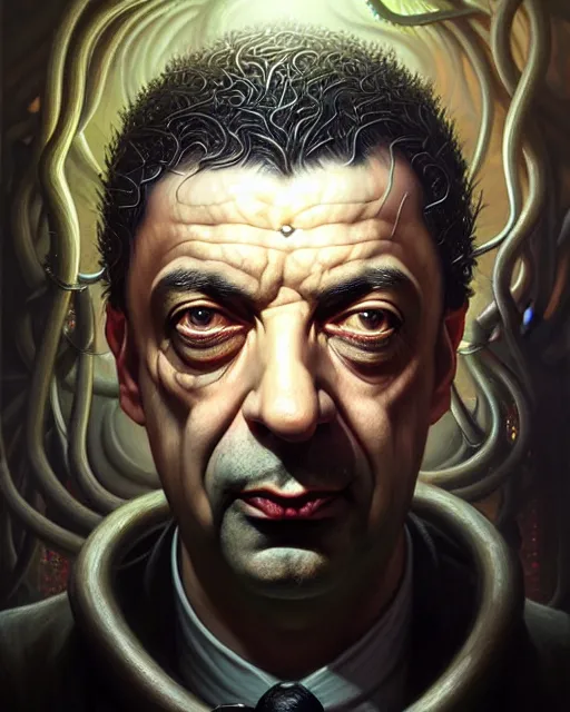 Image similar to lovecraft biopunk portrait of rowan sebastian atkinson by tomasz alen kopera and peter mohrbacher