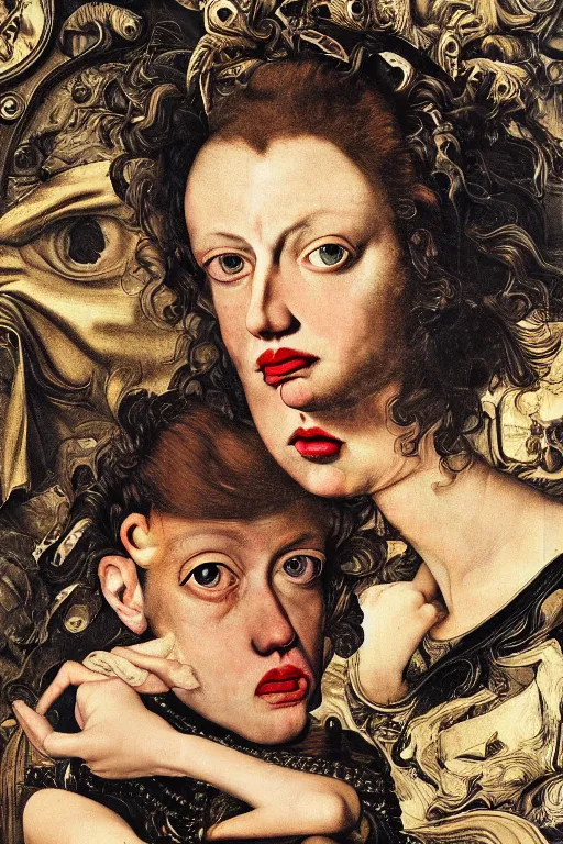 Image similar to Detailed maximalist portrait with large lips and with large eyes, angry, exasperated expression, HD mixed media, 3D collage, highly detailed and intricate illustration in the style of Caravaggio, dark art, baroque