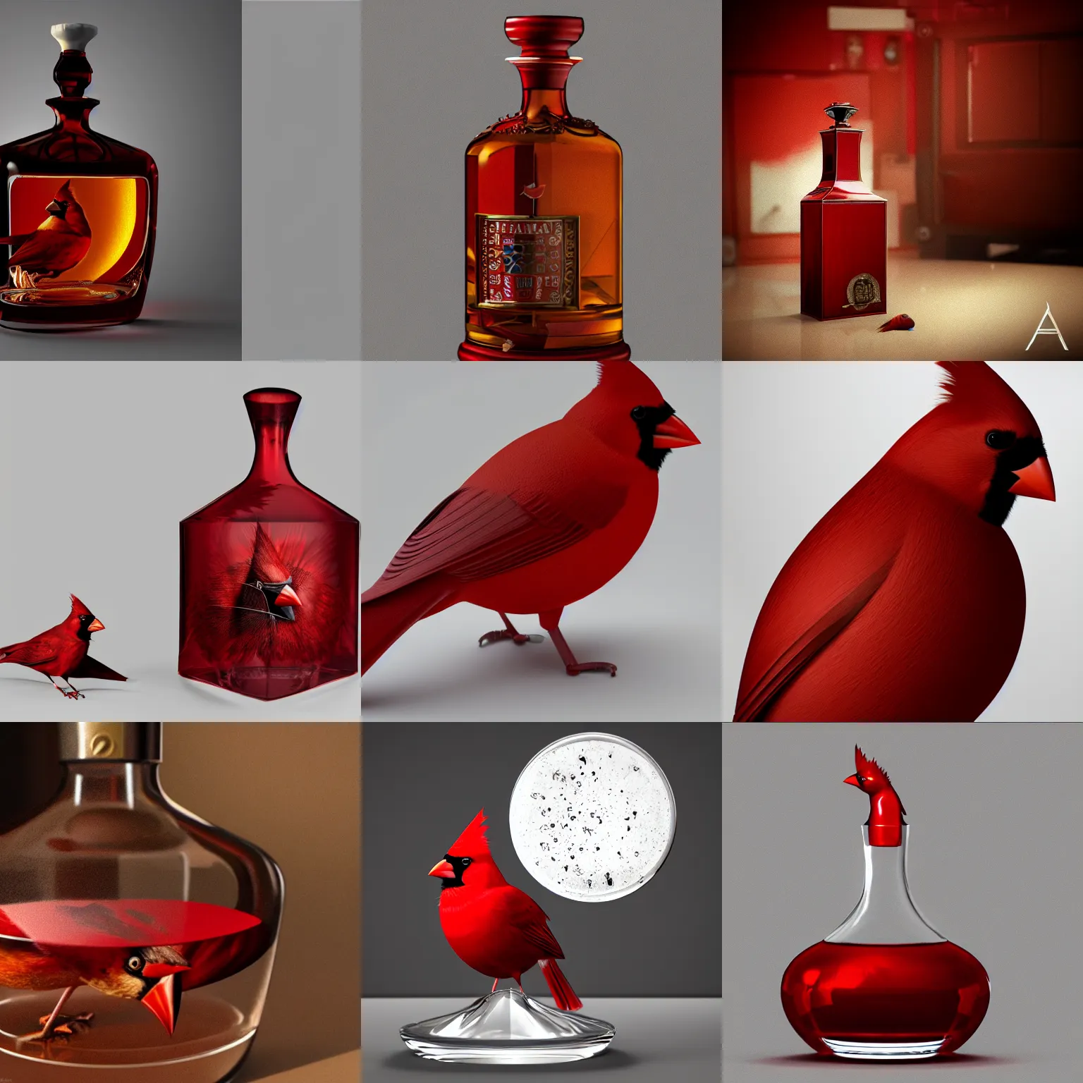 Prompt: a photorealistic image of a Cardinal inside of an Armagnac decanter Trending on Artstation, featured on Behance, well-rendered, Unreal Engine, 4K HD