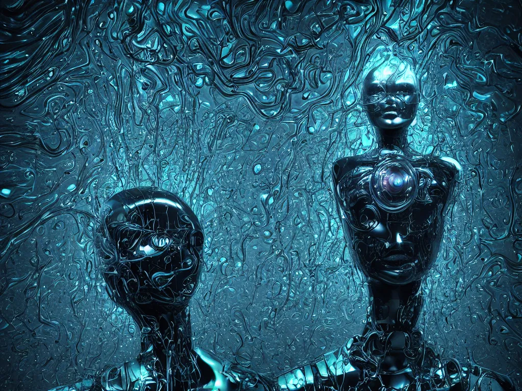 Prompt: beautiful robot by alex grey, vines dripping black iridescent liquid, water in background, moody, dramatic, introspective, 8 k, octane render, photorealistic, hyper detailed, perfect lighting