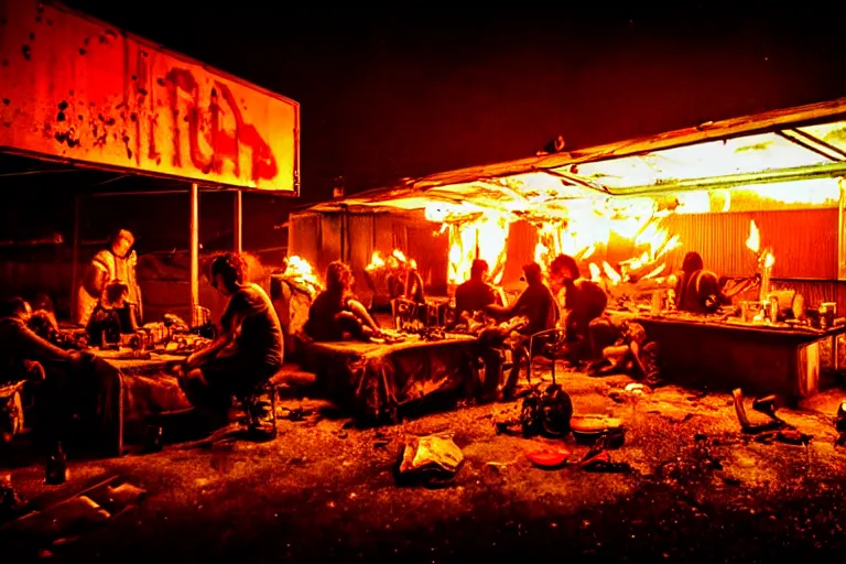 Prompt: post apocalyptic dinner being used as a shelter, dystopian, fire, people huddled, night, neon sign, rust