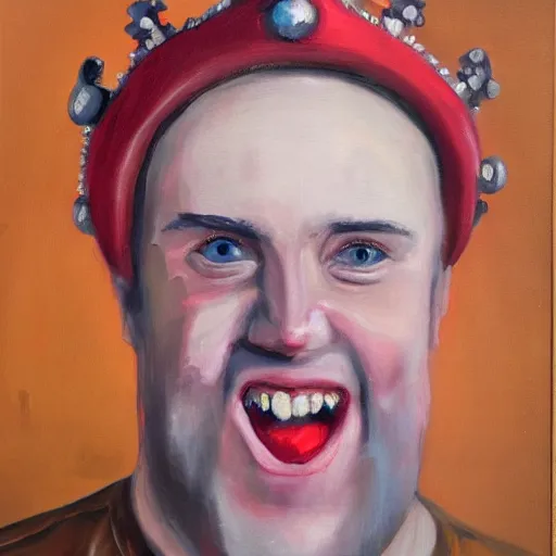 Image similar to man with red eyes and a crown grinning, oil painting