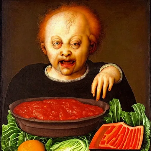 Prompt: a boy sitting in a tub full of tomato sauce, the boy is very happy, a lot of cabbage, by giuseppe arcimboldo and ambrosius benson, renaissance, fruit, intricate and intense oil paint, realistic