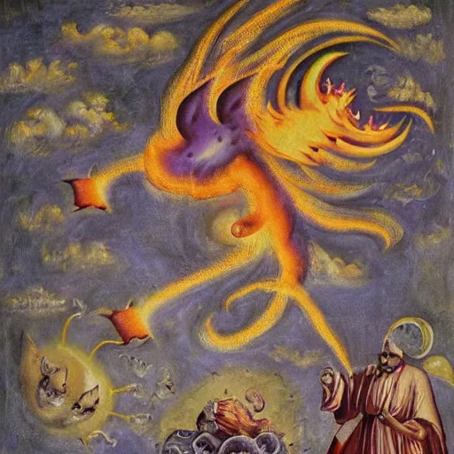 Prompt: bosch painting apocalyptic of a flying cat god in purple flames