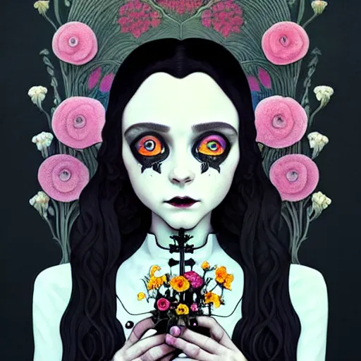 Image similar to a beautiful portrait painting of a ( gothic ) wednesday addams covered with flowers by simon stalenhag and pascal blanche and alphonse mucha!! and nekro!! and josan gonzalez in style of digital art. smooth illustration, film noirs, brush stroke, trichromatic colors, hyper detailed. octane render. trending on artstation