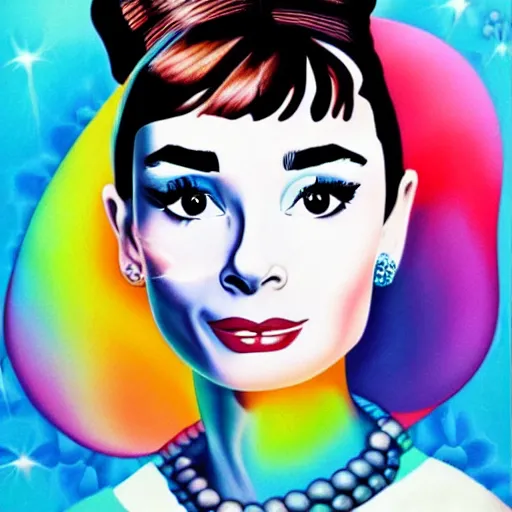 Prompt: beautiful realistic portrait of Audrey Hepburn by Lisa Frank