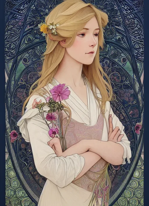 Prompt: pretty young man with shoulder length blond hair, half body shot, emotional, decorative flower patterned background, path traced, highly detailed, high quality, digital painting, by studio ghibli and alphonse mucha, leesha hannigan, hidari, disney, jules bastien - lepage, art nouveau, anna dittmann