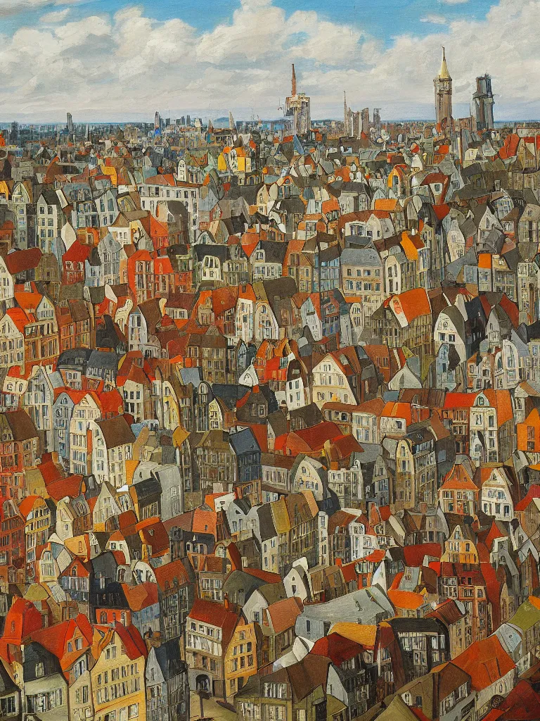 Prompt: a colorful painting of a cityview in the style of Raymond Heere, kleurrijke stadsgezichten