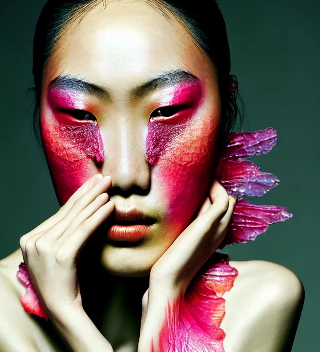 Image similar to photography facial portrait of liu wen, natural background, natural pose, wearing stunning cape by iris van herpen, with a colorfull makeup. highly detailed, skin grain detail, photography by paolo roversi, nick knight, helmut newton, avedon, araki