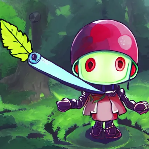 Prompt: cute little robot with tomato hat with a leaf, and sword with shive shape, made in abyss style, standing on a forest