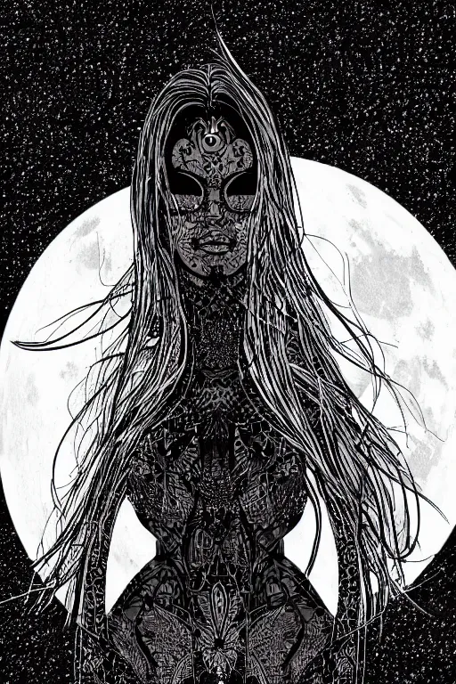 Image similar to close up portrait of a dark witch in front of the full big moon, vector graphic, .eps, .ai, Adobe Illustrator, clear lines and clear shapes, intricate, 8k highly professionally detailed, HDR, CGsociety