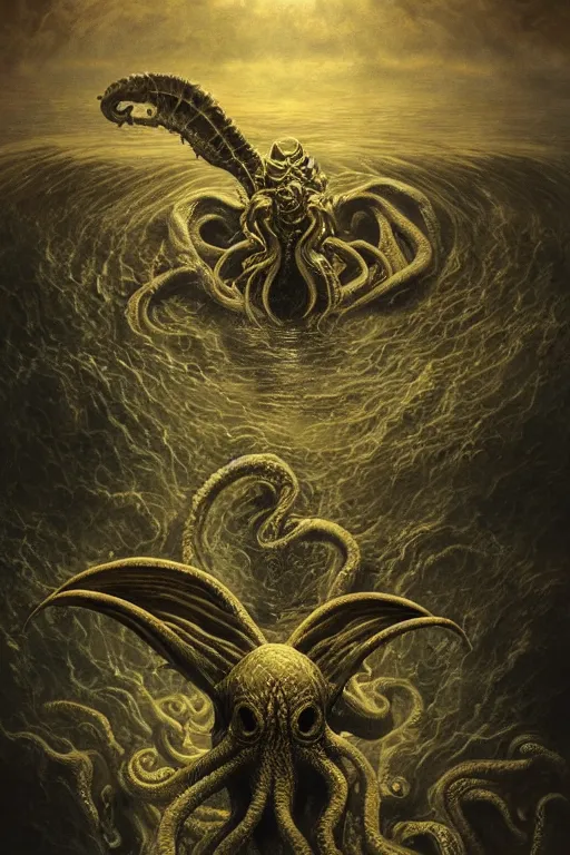 Prompt: Cthulhu rising from his eternal slumber spreading his batlike demon wings above the ocean, intricate detailed painting movie poster, golden ratio, trending on cgsociety, majestic, dark epic fantasy, trending on artstation, by Zdizslaw Beksinski, Darius Zawadzki and Drew Struzan, highly detailed, vibrant, cinematic quality character render; low angle; ultra high quality model; production quality cinema model