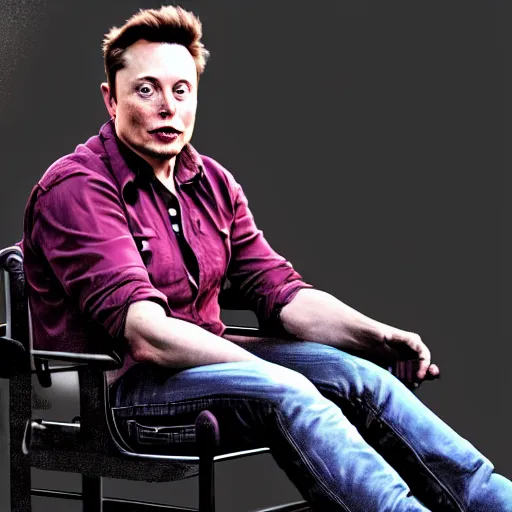 Image similar to elon musk as a cowboy sitting on the chair, digital art