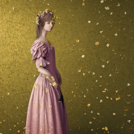 Image similar to 8 k, octane render, realism, tonalism, renaissance, rococo, baroque, portrait of a young lady wearing long manga dress with flowers and ivy, background chaotic gold leaf flowers