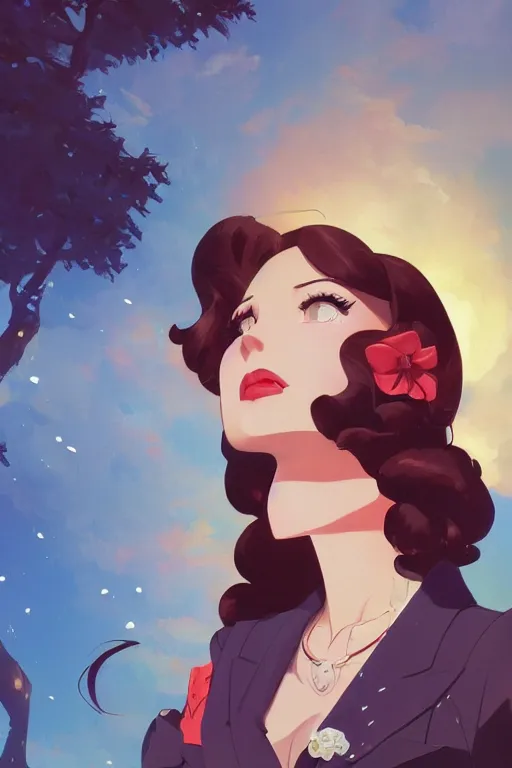 Image similar to portrait of a beautiful girl with dark hair dressed in 1940's fashion, park background, rich vivid colors, ambient lighting, dynamic lighting, 4k, official media, anime key visual, makoto shinkai, ilya kuvshinov, lois van baarle, rossdraws, detailed, trending on artstation