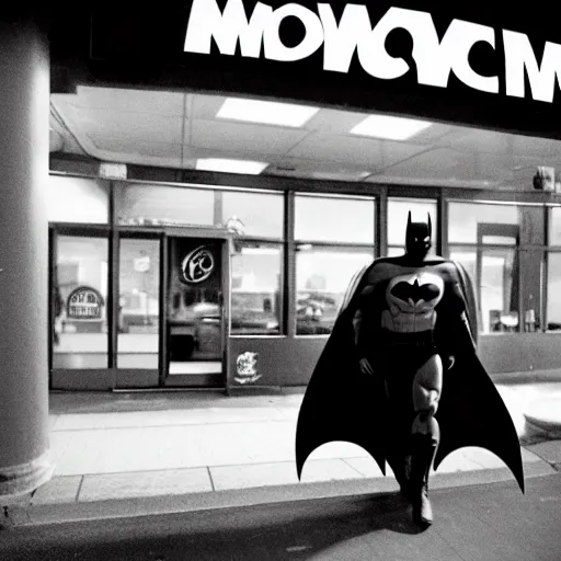 Image similar to Batman gets a job at the McDonald’s drive thru, 35mm film