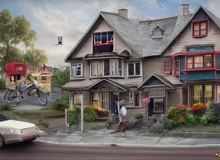 Prompt: ☕🍧🏡👴🏼, lowbrow, matte painting, 3 - d, highly detailed, in the style of mark ryder,