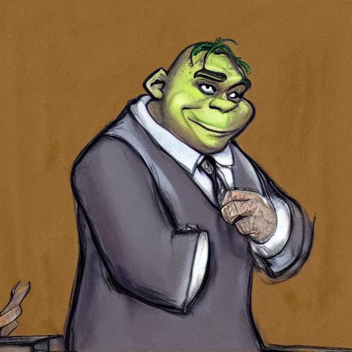 Image similar to shrek on trial in courtroom, courtroom sketch,