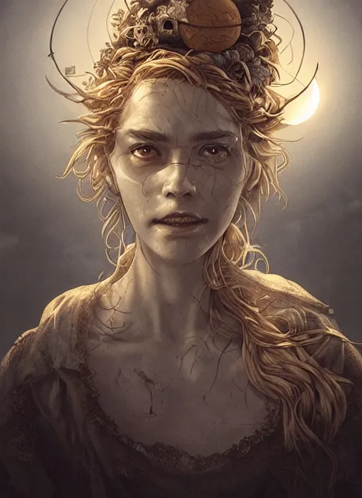 Image similar to golden moon at background, creative!!! composition for a book cover, absurdly beautiful, ultrafine hyperrealistic detailed old witch face by wlop and artgerm and greg rutkowski, intricate linework, sharp focus, smooth, octopath traveler, final fantasy, unreal engine, dramatic lighting, ethereal, 8 k