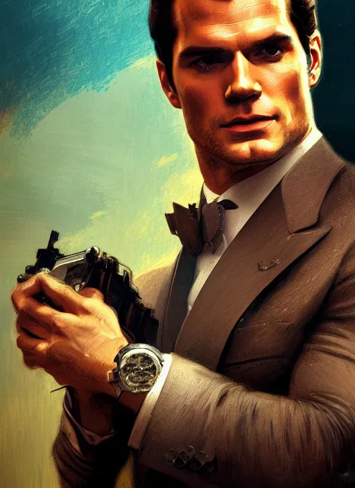 Image similar to portrait of henry cavill as james bond, casino, key art, falling, cold tone, highly detailed, digital painting, artstation, concept art, cinematic lighting, sharp focus, illustration, by gaston bussiere alphonse mucha