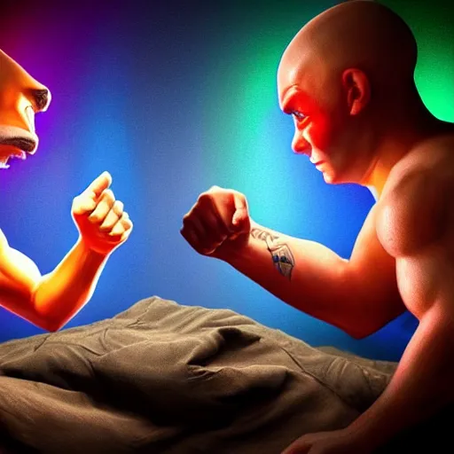 Image similar to Man pit against his mortal enemy in a thumb war for the fate of reality. Digital art. Masterpiece. Trending on Artstation and CGsociety. World's greatest artistry. HDR. 4k. Amazing incredible awesome awe-struck fantastic intriguing. Creative use of colors. Fantastic lighting.