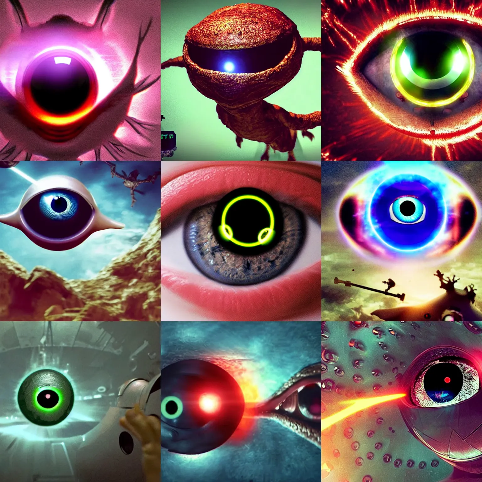 Prompt: <3d-film quality=high mode='attention grabbing'>a huge flying eyeball monster shoots lasers</3d-film>