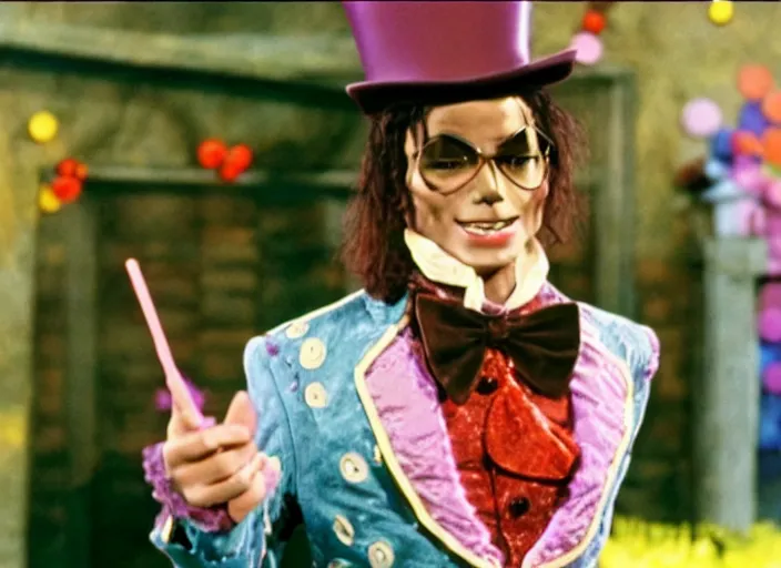 Image similar to film still of Michael Jackson as Willy Wonka in Willy Wonka and the Chocolate Factory 1971
