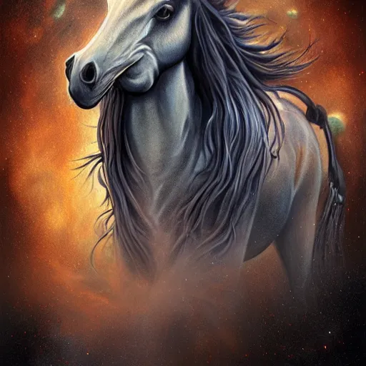 Image similar to a wlop 3 d render of very very very very highly detailed beautiful mystic portrait of a phantom undead horse with whirling galaxy around, tattoos by anton pieck, intricate, extremely detailed, digital painting, artstation, concept art, smooth, sharp focus, illustration, intimidating lighting, incredible art,