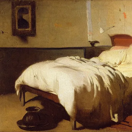 Image similar to the sunlight rays of golden hour shine upon a peaceful bedroom. still life., by camille corot