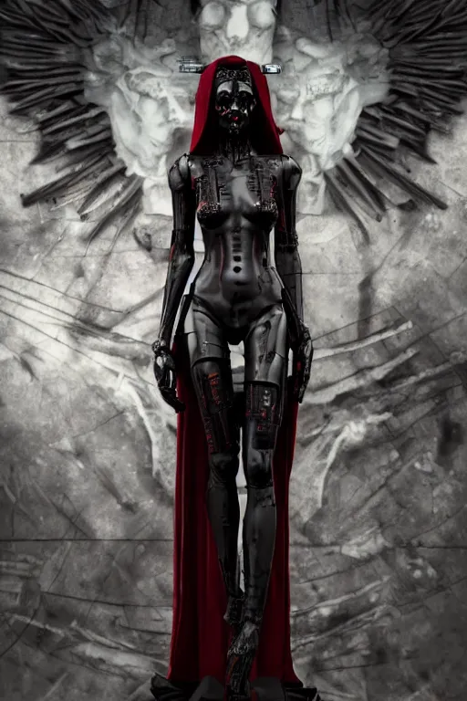Image similar to full-body cyberpunk style sculpture of a young beautiful dark priestess, half android with a head opening exposing circuitry, glowing red eyes, black roses, flowing blood red colored silk, fabric, candles. baroque elements, human skull. full-length view. baroque element. intricate artwork by caravaggio. crows flying in background. Trending on artstation, octane render, cinematic lighting from the right, hyper realism, octane render, 8k, depth of field, 3D
