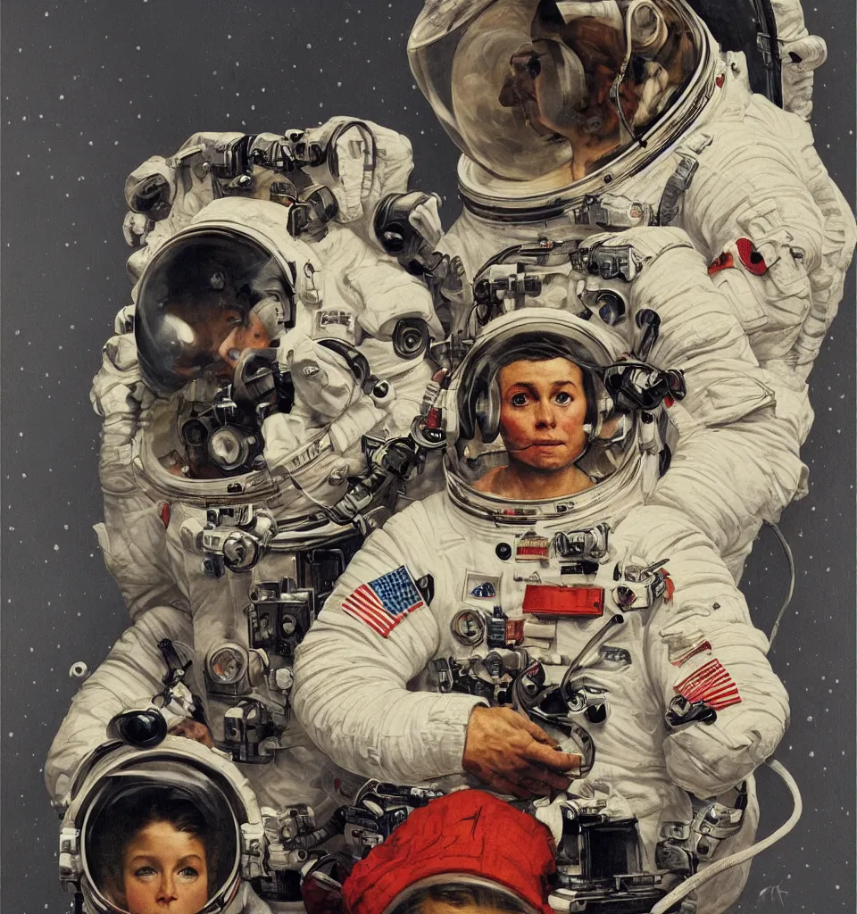 Image similar to an album cover of a detailed portrait of an astronaut wearing headphones art by norman rockwell, cinematic, epic composition, hd, digital painting, digital art, concept art, illustration, comic art, stylized, masterpiece, award - winning